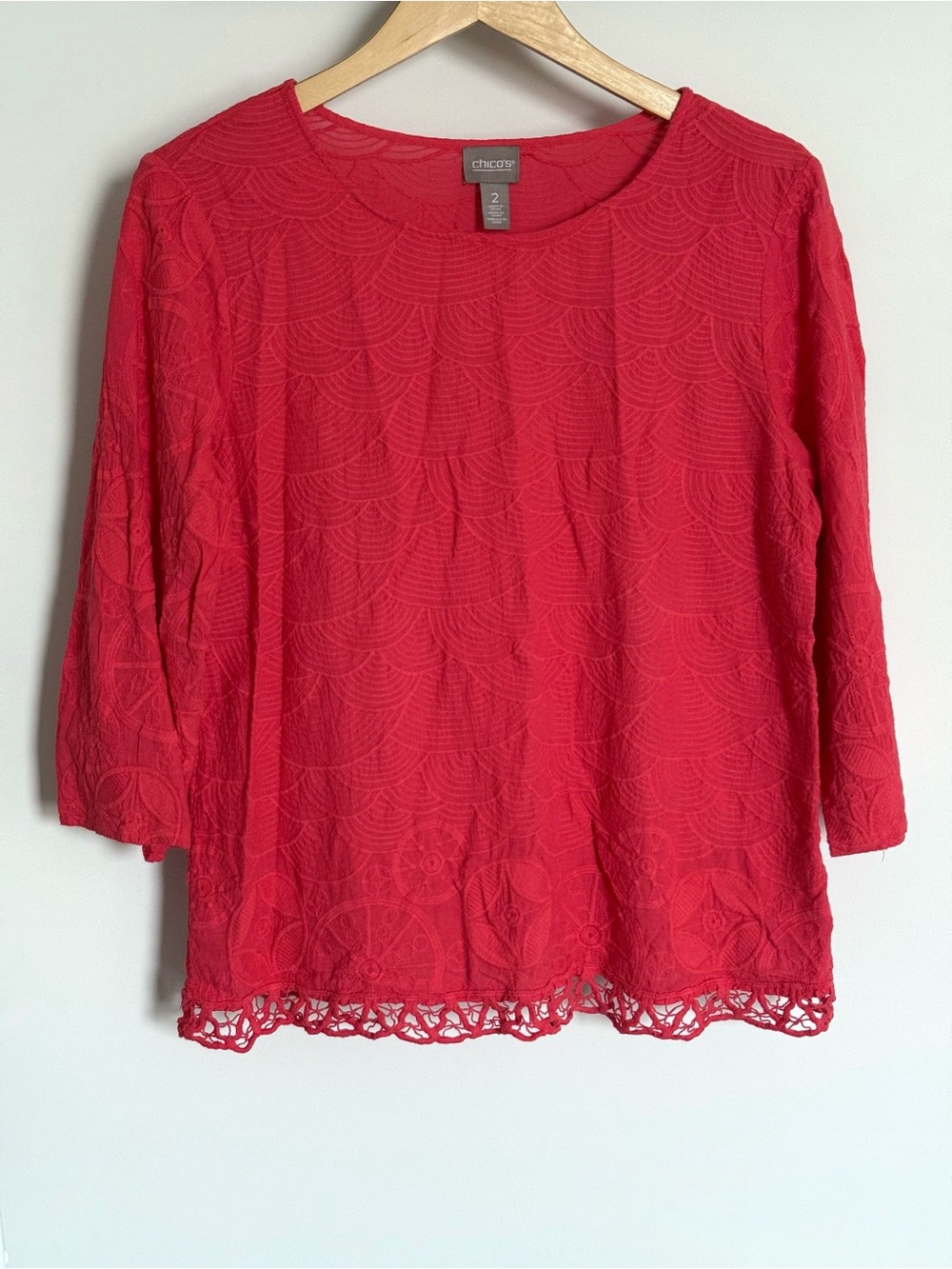 Chico’s Coral Pink Textured 3/4 Sleeve Crochet Hem Top 2 Large